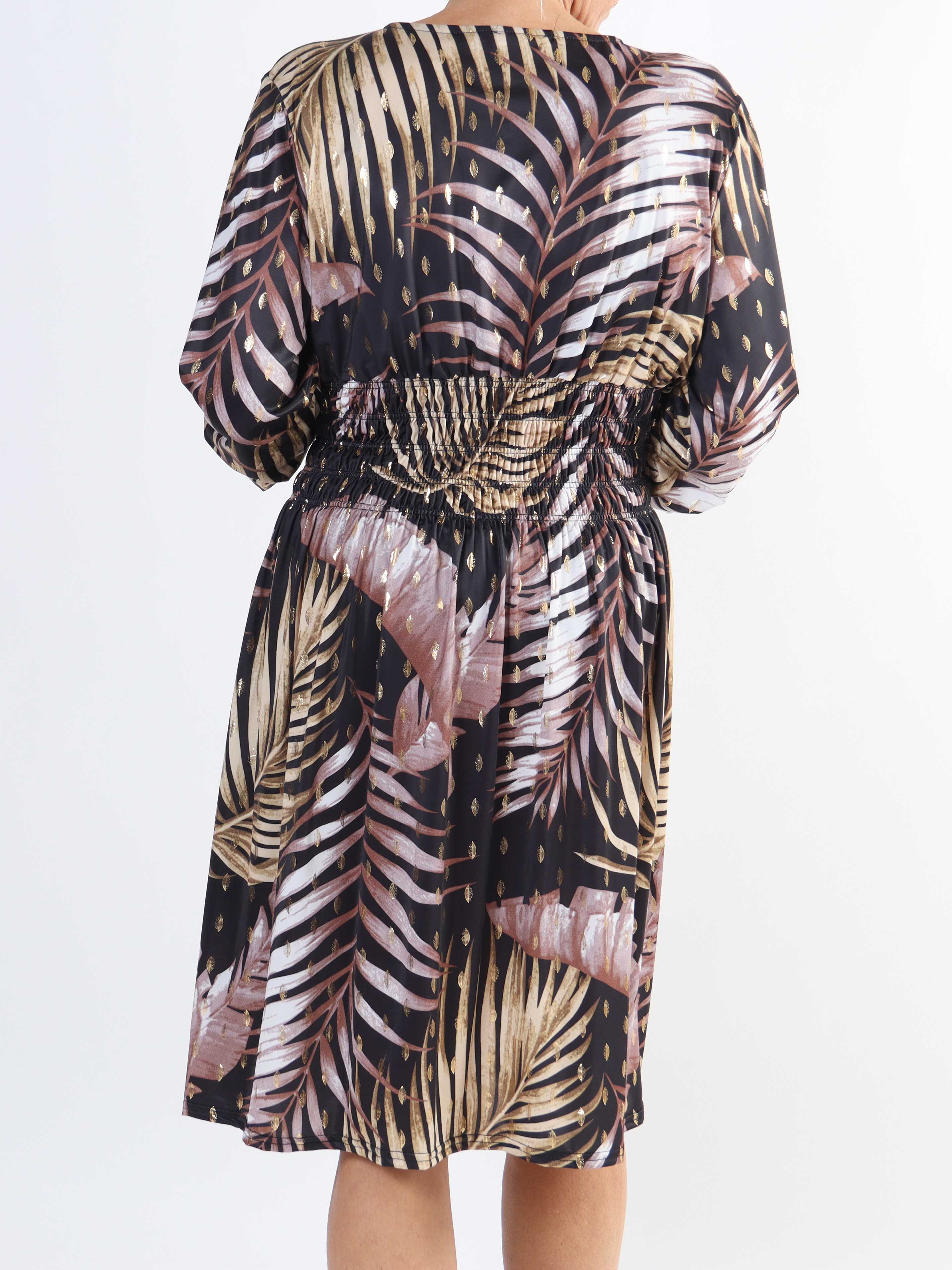 Pams Leaf Short L/S - Elastisk mønstret plus size kjole i krølfrit stof